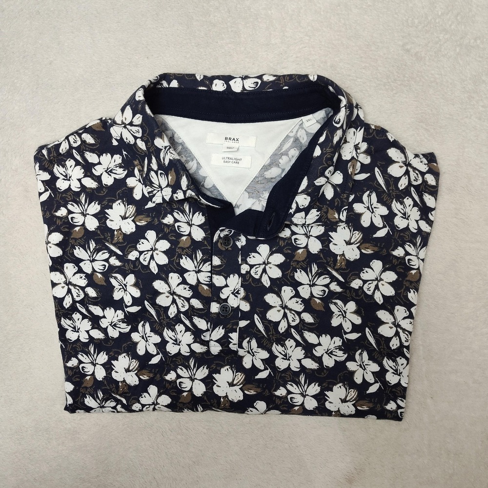 BRAX Polo Shirt Mens 2XL Blue Floral Pico Ultralight Easy Care Summer‎ Hawaiian
